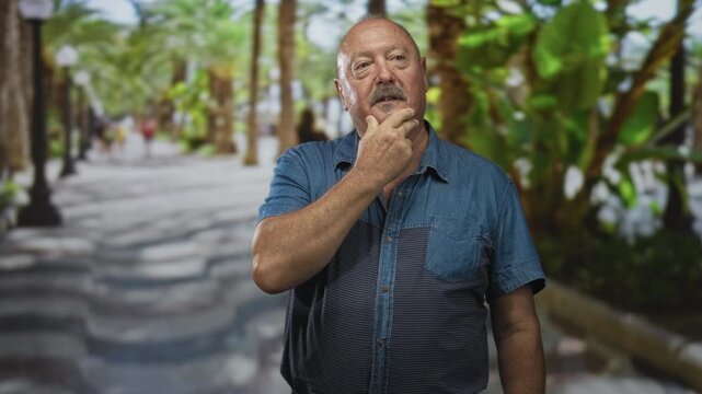 Man with hand on chin in a thinking pose on a tree lined street promenade, wearing denim shirt; quiet contemplation.