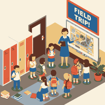 A teacher points to a map on a board for a group of elementary school students preparing for a field trip, with lockers in the background.