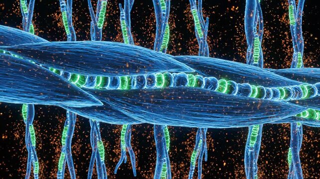 Microscopic view of muscle fibers contracting and releasing energy particles