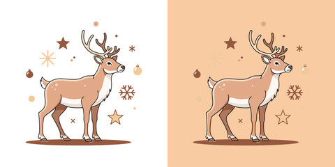 Charming festive reindeer illustration with winter holiday elements, featuring two versions on light backgrounds, perfect for Christmas greeting cards and seasonal designs © NezukoArt