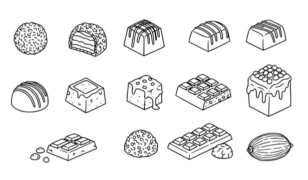A set of black and white line art illustrations of various types of chocolates on a white background