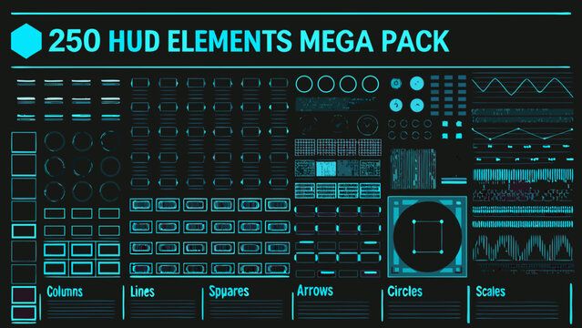 A collection of 250 hud elements in a mega pack displayed on a dark background