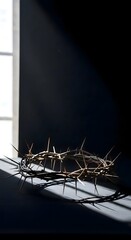 Fototapeta premium Crown of thorns on windowsill symbolizing sacrifice and faith on good friday representing christianity and easter
