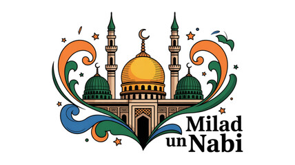 Decorative illustration featuring a mosque with golden domes to celebrate the milad un nabi event Vector © MST LILUFA