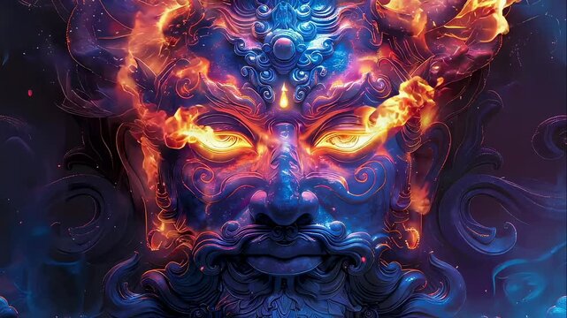Blue stone sculpture of Shiva as a cosmic deity with glowing eyes and flame aura. Mystical Indian god face surrounded by fire, hindu spirituality and religion.