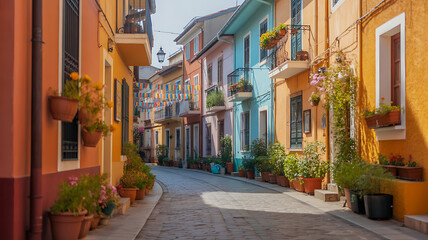 Fototapeta premium Colorful buildings line a narrow cobblestone street in a quaint town