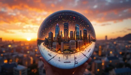 Poster Reflectie A hand holding a glass sphere with a cityscape reflected inside at sunset  © habbi