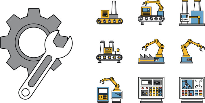 Industrial automation and robotics icon set including robotic arm conveyor control panel gear wrench vector illustration isolated factory design collection