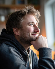 Fototapeta premium A man with a thoughtful expression gazes upward, resting his chin on his hand, sitting indoors in warm natural light.