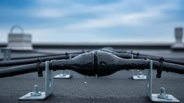 Medium shot highlighting weatherproof sealing on rooftop coaxial cable joints showing proper protection from elements with blurred sky backdrop.