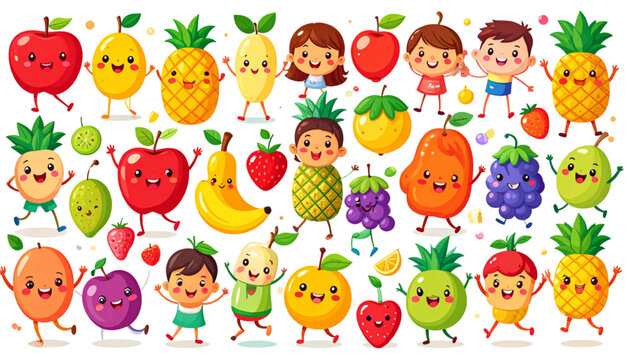 A collection of cute cartoon fruits and happy children characters showing diverse healthy snacks Vector