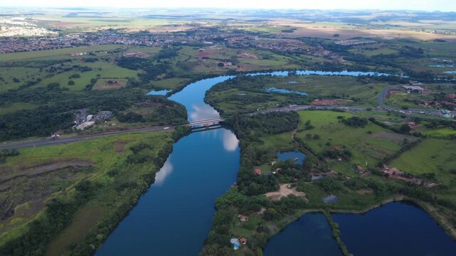 Aerial Drone View of Paranapanema River Border Between S&atilde;o Paulo and Paran&aacute; in Ourinhos Brazil 4K