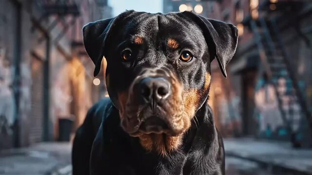 Powerful Rottweiler Standing in Urban City Alley