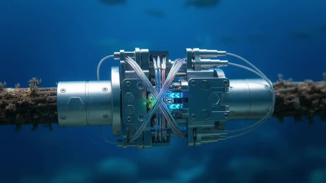 Focused view of an advanced fiber monitoring sensor on an underwater cable segment highlighting intricate details while the sea environment remains out of focus.