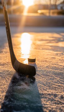 Golden hour illuminates a hockey rink preparing for winter games action on glistening ice