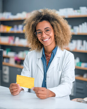 A smiling pharmacist holds a yellow prescription card in a pharmacy, surrounded by shelves stocked with medications.