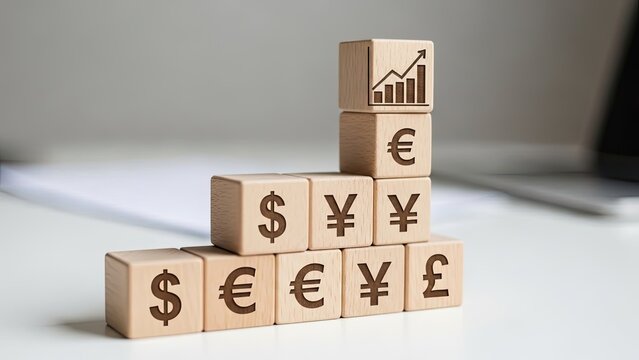 A stack of wooden blocks with currency symbols and a graph on a white surface