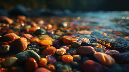 Obraz premium Colorful translucent pebbles under clear water with light reflections and soft bokeh background for nature design, wellness themes and calming abstract backgrounds