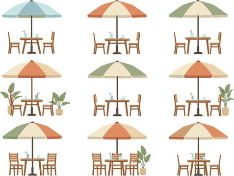 Outdoor cafe tables and umbrellas collection with chairs plants and patio furniture restaurant seating flat vector illustration set