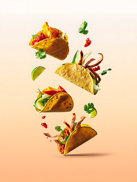 Four floating mexican tacos falling in mid-air with fresh ingredients studio food photography