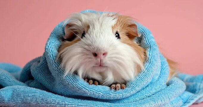 Adorable guinea pig wrapped in a soft blue towel against a pink backdrop, exuding cuteness