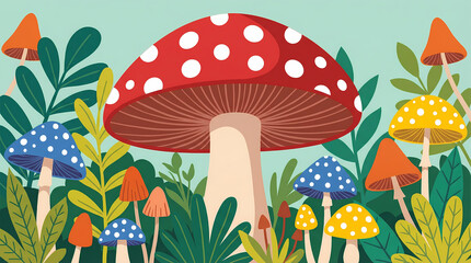 Fototapeta premium Colorful spotted mushrooms in a whimsical forest illustration with vibrant foliage and flat design style