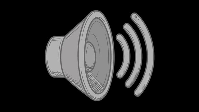 Hand drawn style speaker icon animation with sound waves on transparent background alpha channel. 2d animation featuring dark color fill and artistic cross hatching lines for audio volume concepts