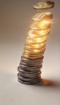 Stack of silver and golden coins with glowing financial cryptocurrency symbol, digital coin stack floating above silver currency, representing wealth, investment, money, and economy growth opportunity