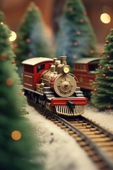 Fototapeta premium A toy train is seen on a track with Christmas trees in the background. This image can be used to depict the holiday season and the joy of Christmas festivities.
