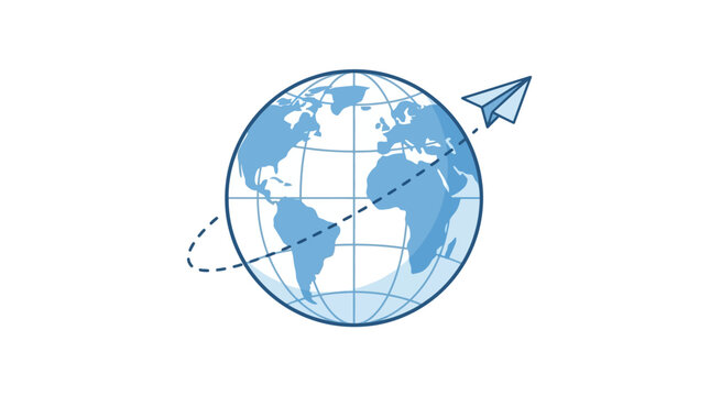 A stylized illustration of a blue paper airplane circling the Earth with a dashed line.