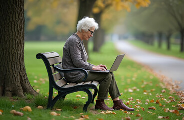Fototapeta premium Elderly woman uses laptop on park bench. She types on computer outside. Senior lady works remotely, enjoys nature while typing on portable device.