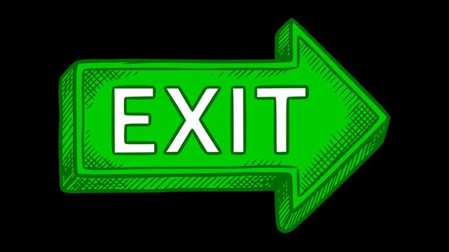 2d animation of a hand drawn style exit arrow in green and red colors with alpha channel. doodle 3d arrow with exit text for navigation and interface design. high quality dark color fill drawing anima