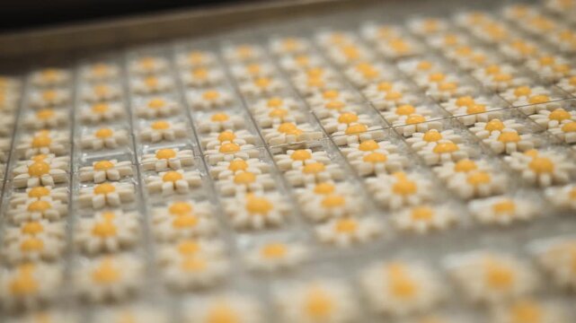 Rows of white daisy icing flowers for cake decoration