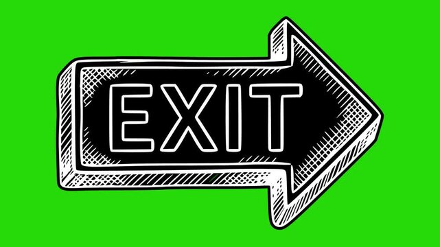 Professional hand drawn exit arrow animation with black and white fill and sketch shading. Video features a green screen chroma key background for easy integration into any creative project or video e