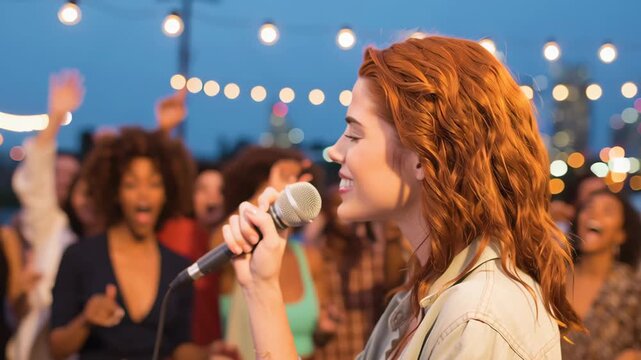 Redheaded woman singing into microphone at evening rooftop party. Crowd of happy people dancing at outdoor concert with city lights in background. Event memory.