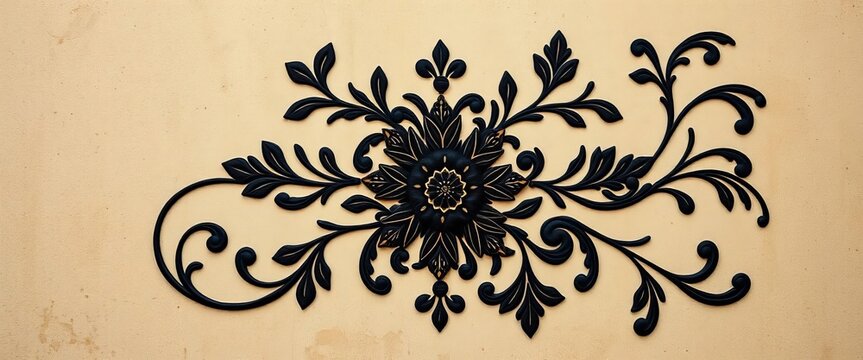 Intricate black floral pattern on a textured wall, home decor, intense