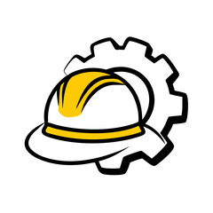 Fototapeta premium Yellow and black drawing of hard hat with yellow stripes over gear wheel