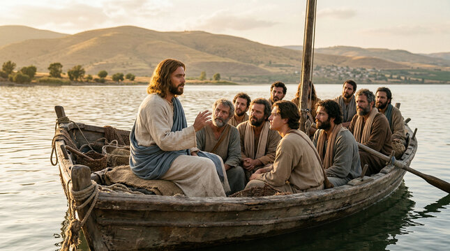 Jesus teaching His disciples in a wooden boat on the calm Sea of Galilee, serene biblical scene
