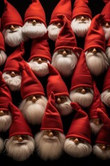 Fototapeta premium A group of red and white gnomes with white beards. This picture can be used for various festive decorations and whimsical projects