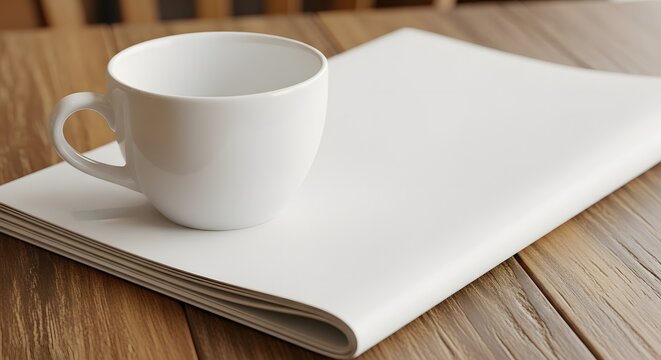 A clean white ceramic coffee cup resting on a blank folded newspaper placed on a wooden surface