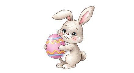 Obraz premium Cute chunky Easter bunny with fluffy tail and chubby cheeks holding small decorated egg, playful spring illustration style, pastel colors, crisp detail, isolated white background, centered composition