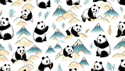 hand drawn panda and mountains seamless vector pattern background, decorative wallpaper backdrop © ArtCommercial