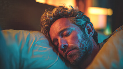 Fototapeta premium A man with light hair sleeps peacefully on a pillow in a softly lit bedroom at night.