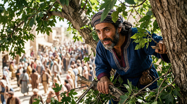 Zacchaeus in anticipation, peeking through sycamore leaves in a biblical scene
