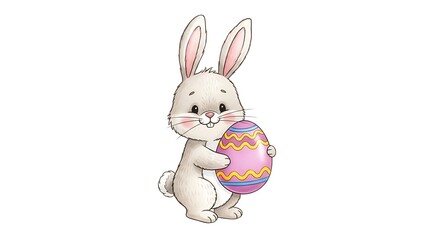 Fototapeta premium Cute chunky Easter bunny with fluffy tail and chubby cheeks holding small decorated egg, playful spring illustration style, pastel colors, crisp detail, isolated white background, centered composition