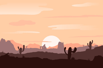 Fototapeta premium Sunset desert panoramic silhouette background. Panoramic view of cactus and mountain layers. Monument Valley landscape on a summer evening.