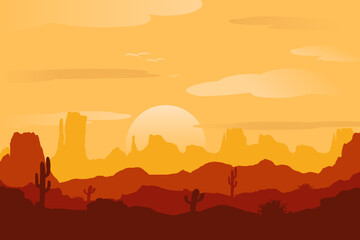 Sunset desert panoramic silhouette background. Panoramic view of cactus and mountain layers. Monument Valley landscape on a summer evening. © SejalanArt