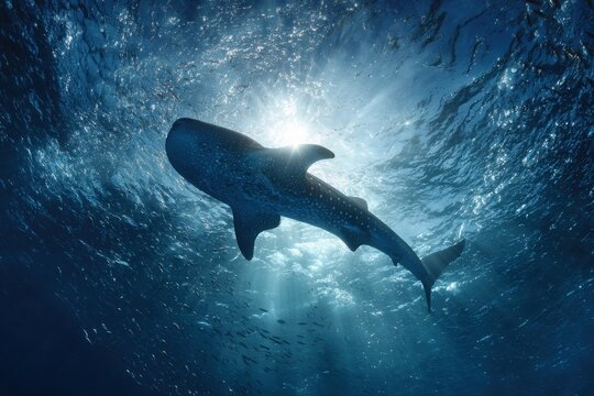Majestic Whale Shark Swims Overhead in Sunlit Ocean