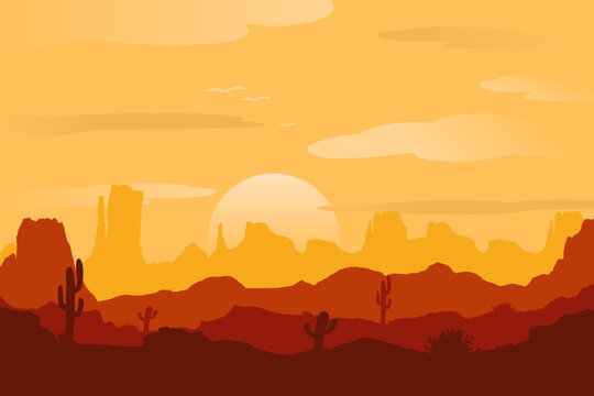 Sunset desert panoramic silhouette background. Panoramic view of cactus and mountain layers. Monument Valley landscape on a summer evening.