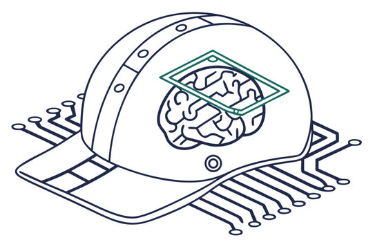 A baseball cap with a brain and circuit board